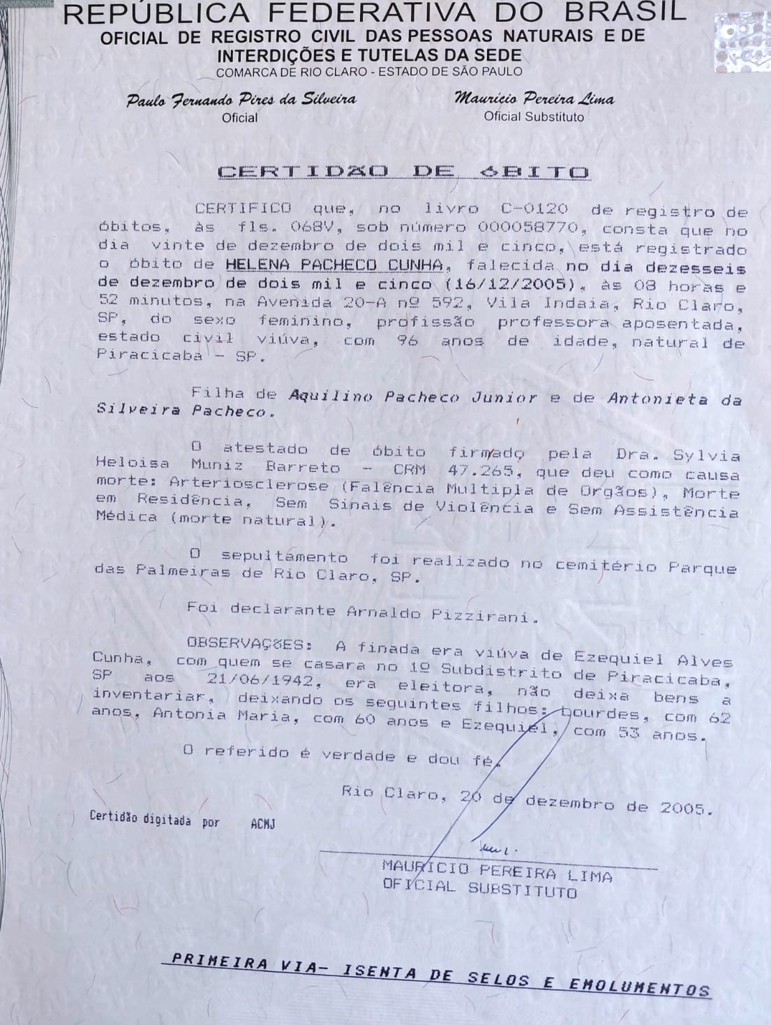 Certidão de óbito de Helena