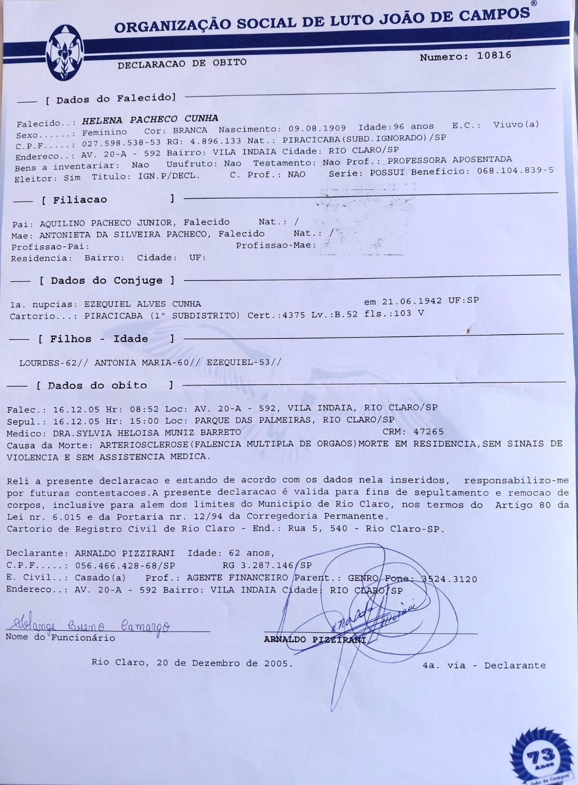 Documento de Helena referente ao sepultamento