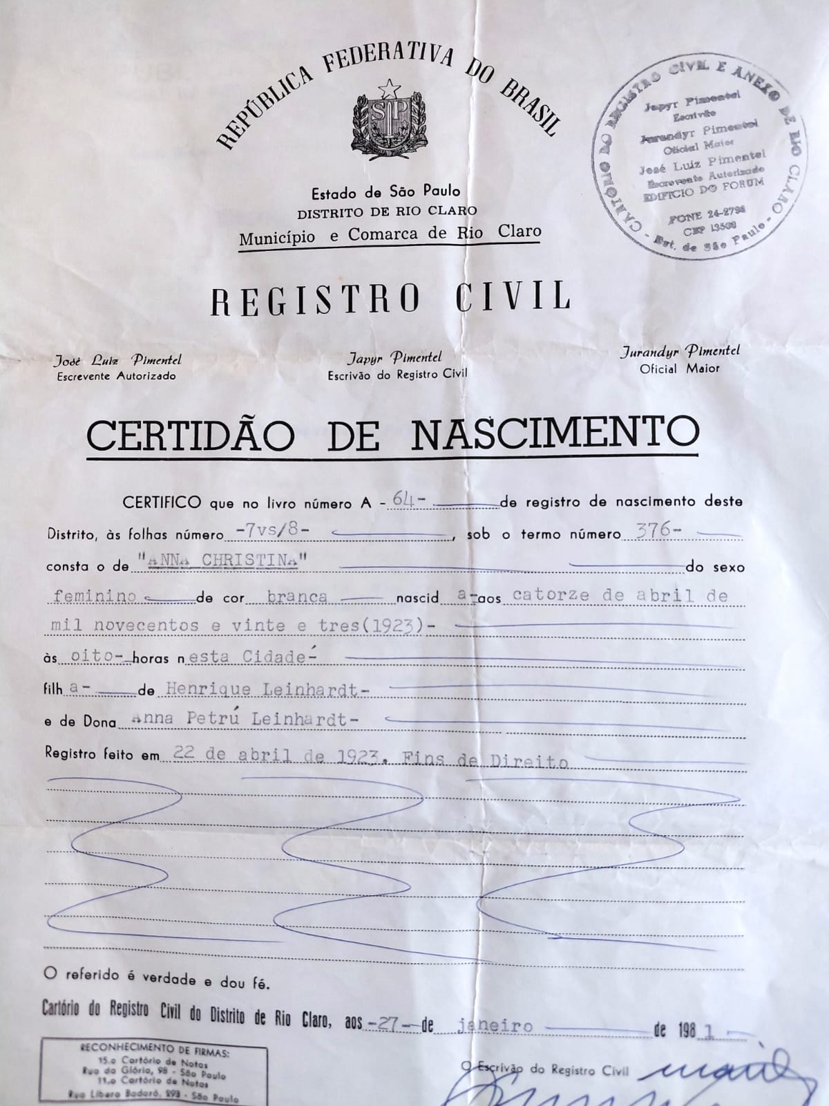 Certidão de nascimento de Ana Cristina Lienhardt