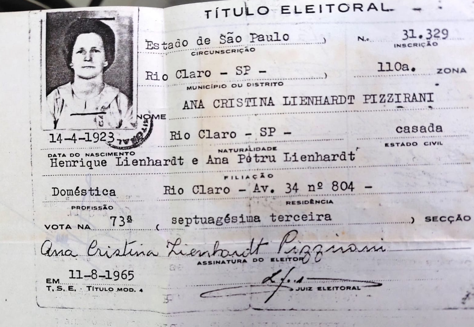 Título eleitoral de Ana Cristina Lienhardt