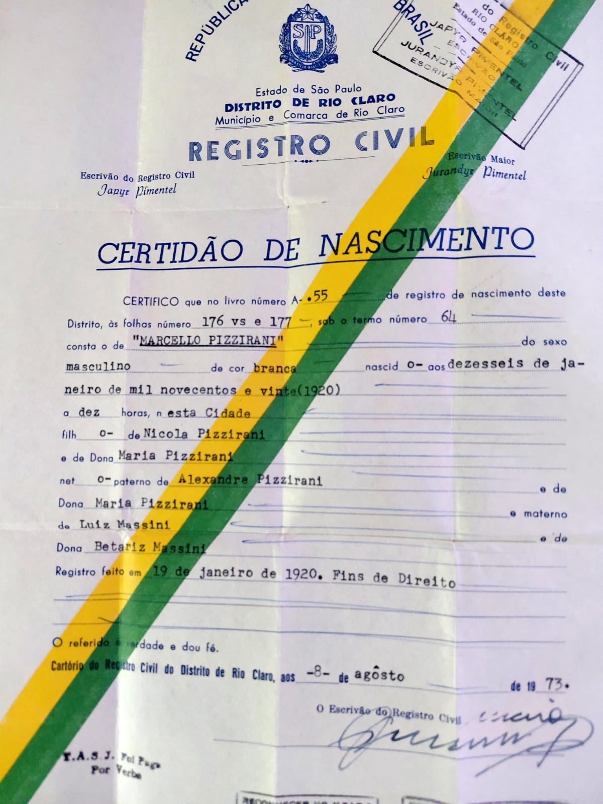 certidão de nascimento de Marcelo Pizzirani