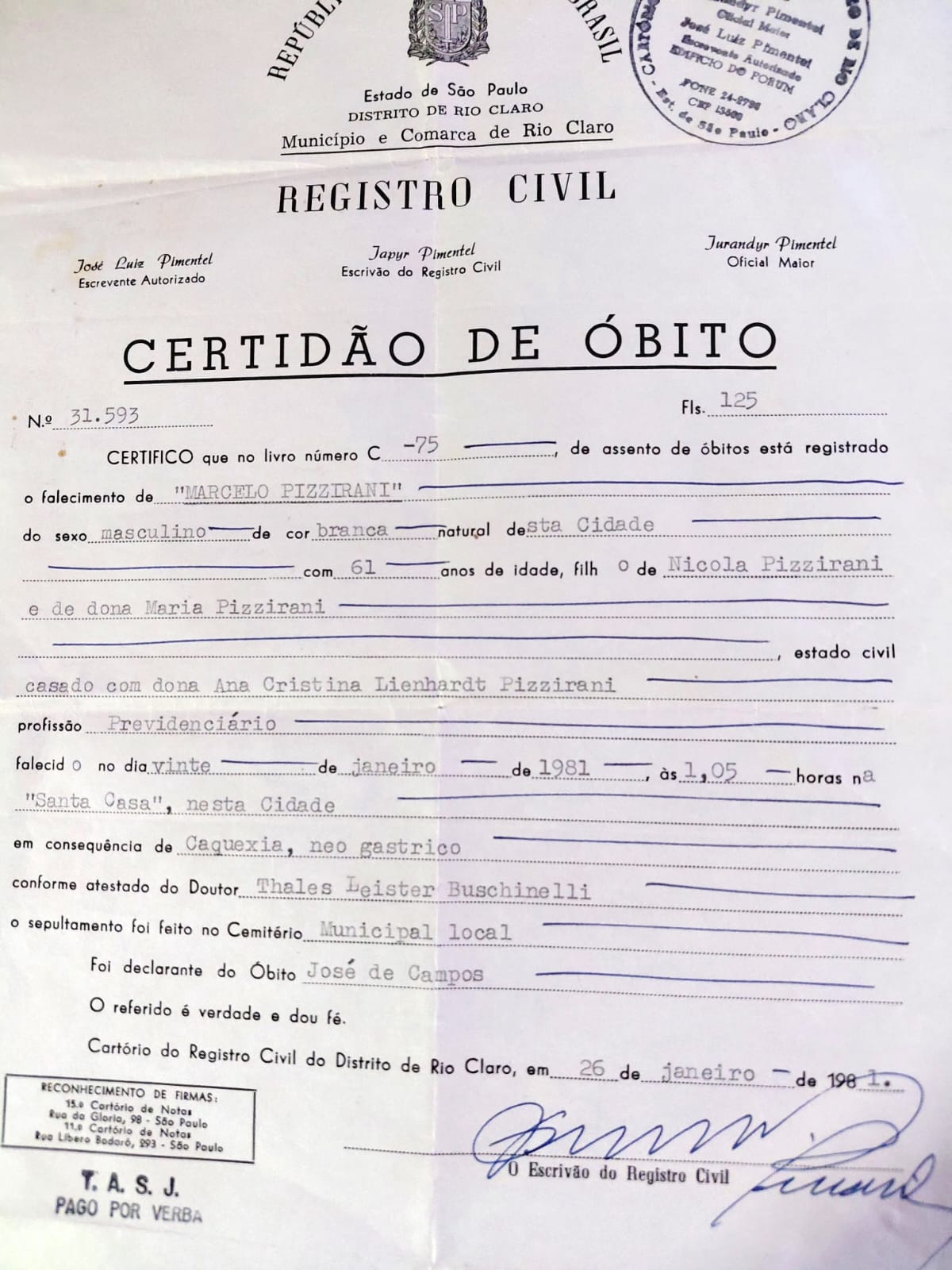 certidão de óbito de Marcelo Pizzirani