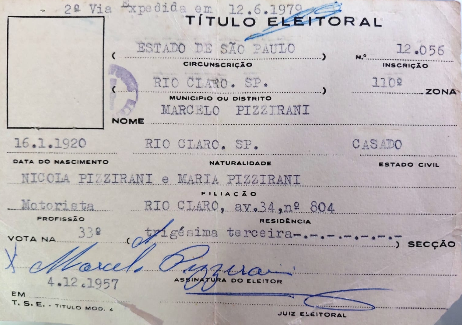 Título de eleitor de Marcelo Pizzirani